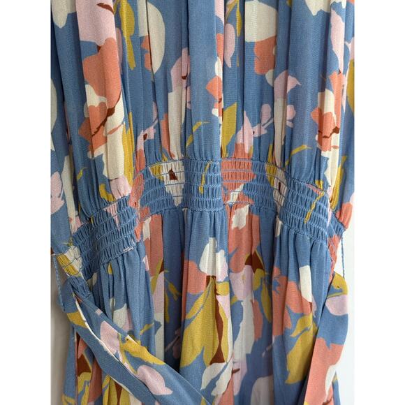 SHOSHANNA periwinkle blue yellow floral Peony smocked midi spring dress - Picture 9 of 13